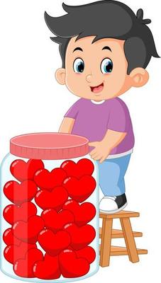 cute boys put lots of red valentine heart cookies in a big jar