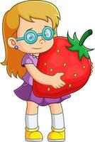 A girl happily receives a large strawberry vector