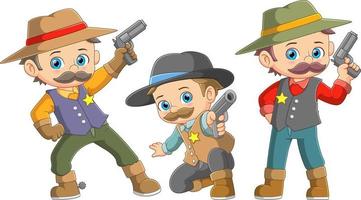 Three identical twin cowboys posing with gun vector