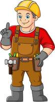 A man working as a construction worker is posing giving a thumbs up vector