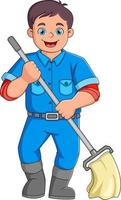 A young man works as a cleaning service with a floor cleaning tool vector