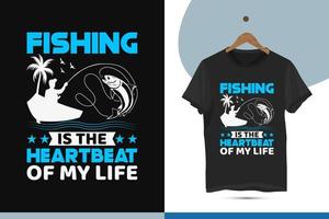 Fishing is the heartbeat of my life - Fishing typography t-shirt design template. Vector illustration with boat, bird, and fish silhouette print on the t-shirt clothes, mugs, and Pillows.