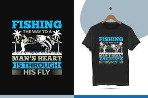 plantilla de diseño de camiseta de pesca. ilustración vectorial con montaña, palmera, hierba, mar, río, pescador y silueta de pescado para un pantalones. vector