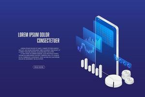 aplicación de teléfono móvil isométrica vectorial con fondo de negocio de tecnología de concepto de gráfico de cotizaciones. vector