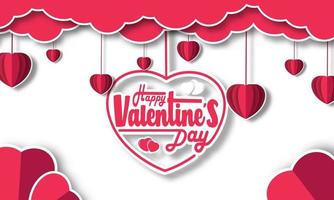 texto de feliz día de san valentín. estilo de corte de papel. tipografía manuscrita con decoración de amor y nubes. ideal para tarjetas de felicitación, etiquetas de celebración, plantillas de invitación, pancartas, etc. vector