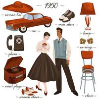 muebles y objetos de moda y ropa de los años 50 vector