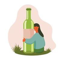 the concept of female alcoholism. The unfortunate woman is sitting on the grass, hugging a bottle of wine Sad drunk wife or alcoholic mother. Social problem, abuse, addiction. vector