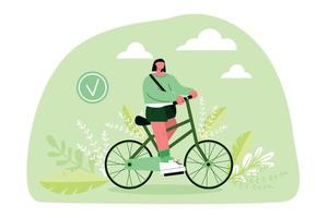 Sustainable living. Characters in modern eco city driving bike. Eco friendly vehicle and sustainable transportation concept. Vector illustration.