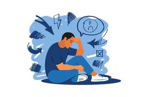 Mental disorder concept. Depression man. Stress, despair, anxiety disorder, fatigue. Vector illustration.