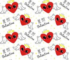 Pattern with a cute heart with wings and a halo on a white background. vector