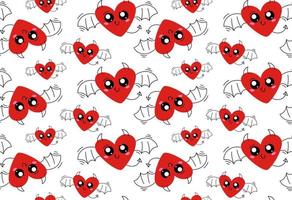 Pattern with a cute heart with devil horns and a tail on a white background. vector