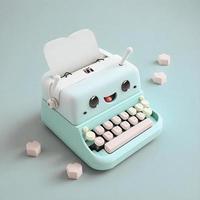 Cute whimsical 3D typewriter icon character perfect for writing, literature projects, website icons, app buttons, marketing materials. Adorable cartoon-like design, cheerful colors, friendly express photo