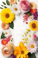 Top view floral background photo with plenty of copy space, perfect for website backgrounds, social media posts, advertising, packaging, etc. Vibrant flowers, lush greenery, shallow depth of field.