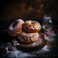 doughnuts on white background, perfect for advertising, packaging, menus, cookbooks. Highlighting texture and details, shot from above, high-res suitable for printing, posters, banners and more photo