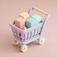 Cute whimsical 3D shopping cart icon character perfect for e-commerce, retail projects, website icons, app buttons, marketing materials. Adorable cartoon-like design, cheerful colors photo