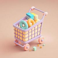 Cute whimsical 3D shopping cart icon character perfect for e-commerce, retail projects, website icons, app buttons, marketing materials. Adorable cartoon-like design, cheerful colors photo