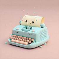 lindo personaje de icono de máquina de escribir 3d caprichoso perfecto para escribir, proyectos de literatura, iconos de sitios web, botones de aplicaciones, materiales de marketing. adorable diseño de dibujos animados, colores alegres, expreso amigable foto