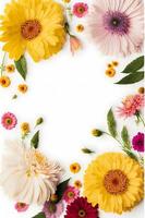 Top view floral background photo with plenty of copy space, perfect for website backgrounds, social media posts, advertising, packaging, etc. Vibrant flowers, lush greenery, shallow depth of field.