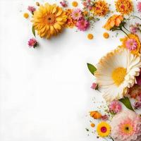 Top view floral background photo with plenty of copy space, perfect for website backgrounds, social media posts, advertising, packaging, etc. Vibrant flowers, lush greenery, shallow depth of field.