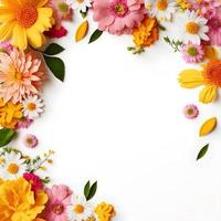 Top view floral background photo with plenty of copy space, perfect for website backgrounds, social media posts, advertising, packaging, etc. Vibrant flowers, lush greenery, shallow depth of field.