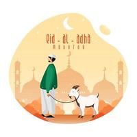 Eid Al-Adha Template Design. Holy Day for Muslims and Islam. Vector Illustration of Man and Goat. Suitable for Posters, Banners, Web Campaigns, and Greeting Cards.