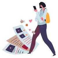 Social media addiction, woman using smartphone vector