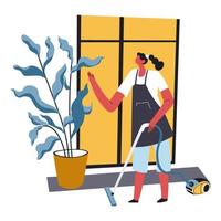 Woman hoovering carpets and floor at home vector