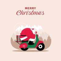 Background Template for Greeting Cards. A Man Wearing a Santa Claus Costume Rides a Motorcycle to Deliver Packages. vector