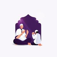 Ramadan Mubarak - Father and Son Pray to God at Night During Ramadan. vector