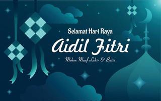 Selamat Idul Fitri, Aidil Fitri set of Ketupat, and mosque Transalation Happy Eid Mubarak, the celebration of Islamic day in the night. vector