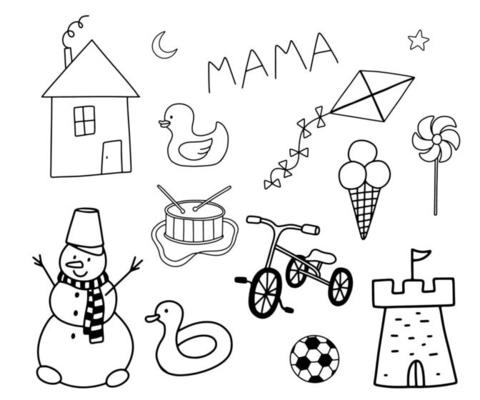Doodle illustration of kite, house, snowman and bicycle isolated on white background. Simbol of childhood. Line sketch for coloring book