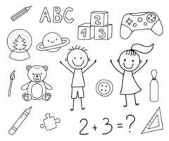 Set of cute doodle sketches on theme of childhood and toys. Boy, girl, joystick, pencils and bear. Line vector illustration isolated on white background