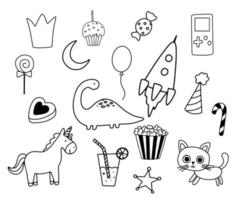 Outline cute funny unicorn, dino, rocket and sweets for coloring page. Vector doodle illustrations set isolated on white background.