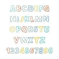 Hand Drawn Latin Alphabet Letters and Numbers. Uppercase modern font and typeface. Multicolored symbols on white background. Vector illustration.