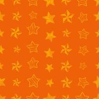 Seamless background of doodle stars. Yellow hand drawn stars on orange background. Vector illustration