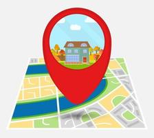 Map of an imaginary city with point on the map with a lonely house. Vector illustration.