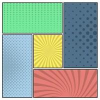 Colorful comic book page background in pop art style. Empty template with rays and dots pattern. Vector illustration