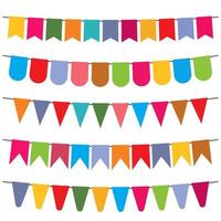 Colorful flags and bunting garlands for decoration. Decor elements with various patterns. Vector illustration