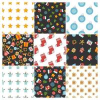Set of nine Christmas Seamless Patterns with icons in flat style. Vector illustration