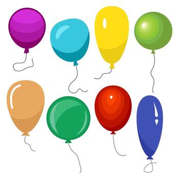 Set of eight colorful balloons with a string isolated on white background. Vector illustration