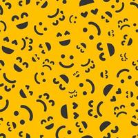 Cartoon faces with emotions. Seamless pattern with different emoticons on yellow background. Vector illustration