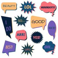 Set of speech bubbles on a white background with different inscriptions in the middle. Speech bubbles with short phrases. Vector illustration.