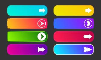 Colorful gradient buttons with arrows. Set of eight modern abstract web buttons. Vector illustration