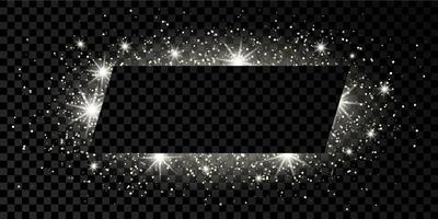 Silver rectangle frame with glitter, sparkles and flares on dark transparent background. Empty luxury backdrop. Vector illustration.