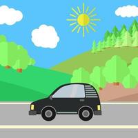 coche negro en una carretera en un día soleado. ilustración de viajes de verano. coche sobre el paisaje.