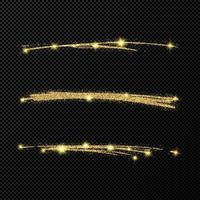 Abstract shiny confetti glittering waves. Set of three hand drawn brush golden strokes on black transparent background. Vector illustration