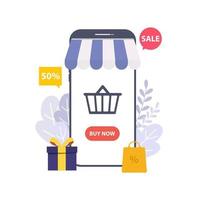 Mobile Shopping concept for e-Commerce, people buy things in the online store vector