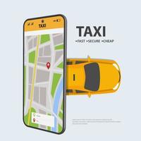 pedido en línea de taxis y alquiler mediante la aplicación móvil del servicio. taxi cerca de teléfono inteligente vector