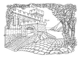 Romantic old town. Coloring Pages. Castle, pavement, plants. Vector illustration.