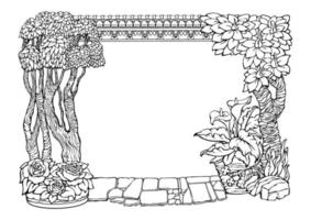 Floral Border with trees, flowers, and pavement. Frame. Outline Vector. vector